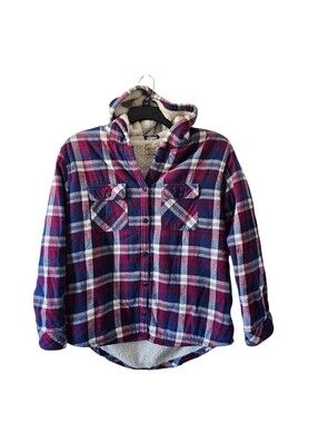 Boston Traders Plaid Flannel Hooded Jacket Women XL Purple Blue Sherpa Lined